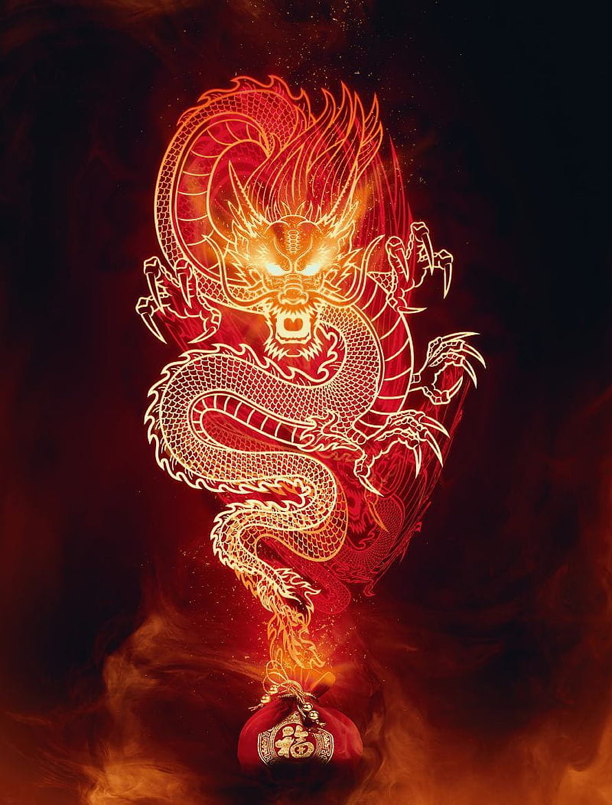 Glowing Red Chinese Dragon with Fortune Bag in Fiery Smoke HD phone wallpaper