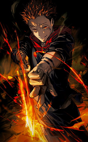 Kyojuro Rengoku from Demon Slayer wielding intense flame breathing powers in dynamic anime art HD phone wallpaper