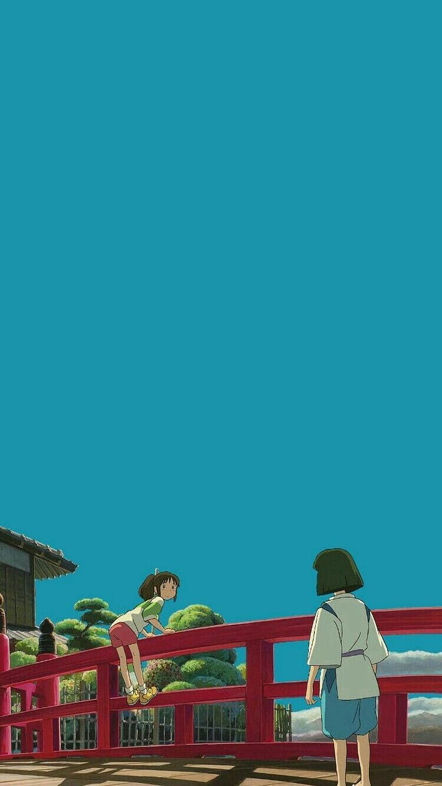 Spirited Away Anime Scene: Two Girls on a Red Bridge Under a Clear Blue Sky HD phone wallpaper