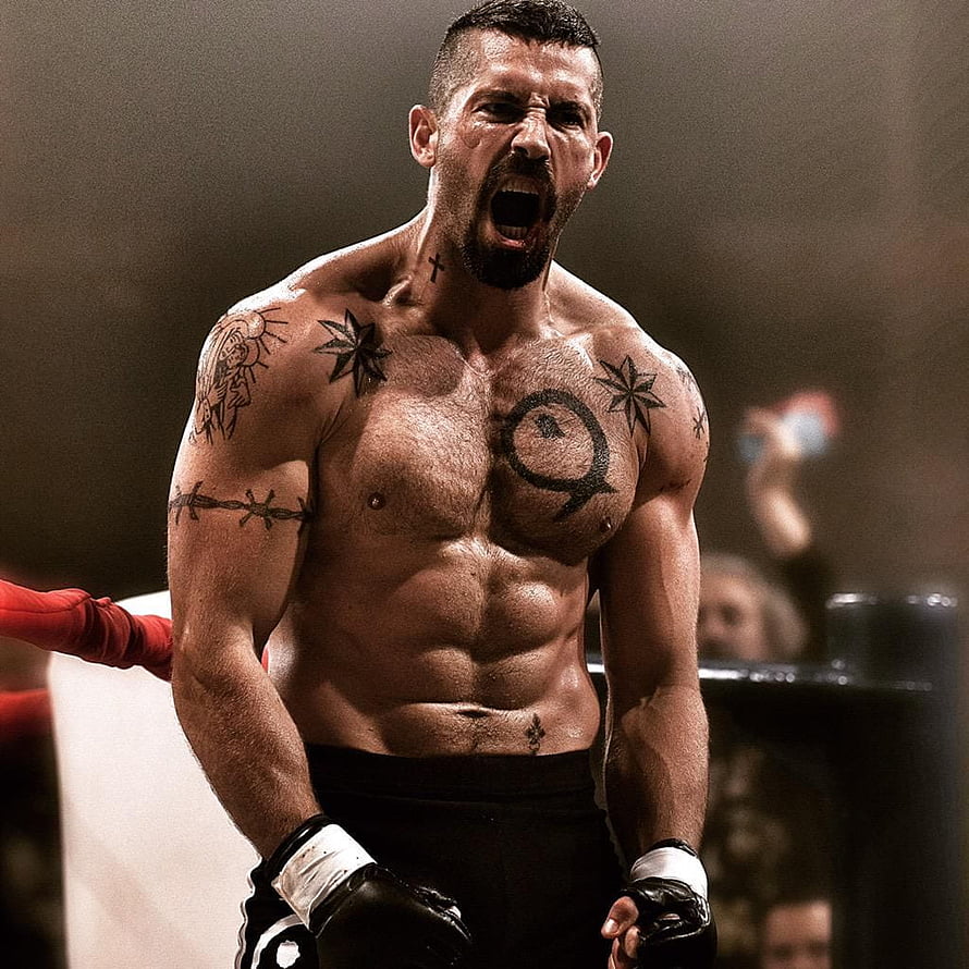 Scott Adkins as Boyka in Undisputed IV, intense MMA fighter portrait with chest tattoos and fighting gloves HD phone wallpaper