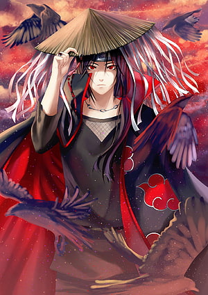 Itachi Uchiha in Akatsuki Cloak with Straw Hat and Crows Against a Crimson Sky HD phone wallpaper