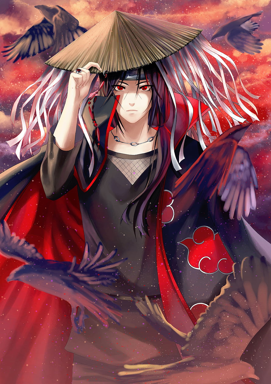 Itachi Uchiha in Akatsuki Cloak with Straw Hat and Crows Against a Crimson Sky HD phone wallpaper