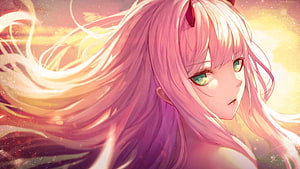 Zero Two Anime Character Portrait With Flowing Pink Hair And Golden Sunset Glow HD wallpaper