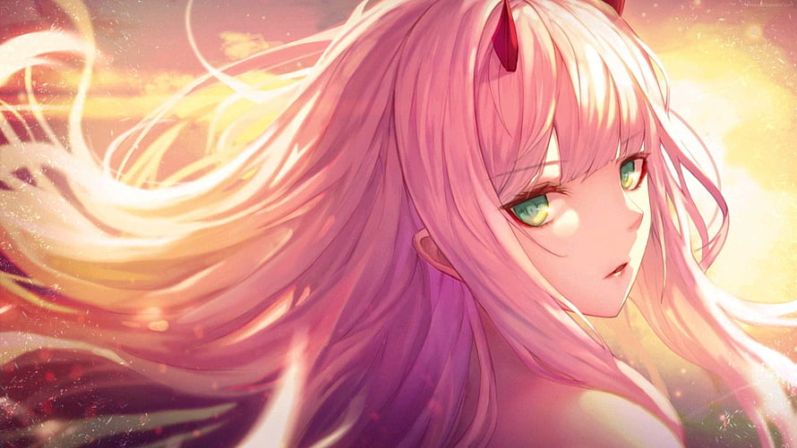 Zero Two Anime Character Portrait With Flowing Pink Hair And Golden Sunset Glow HD wallpaper
