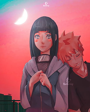 Hinata and Naruto anime couple wallpaper with pink sunset sky and crescent moon HD phone wallpaper