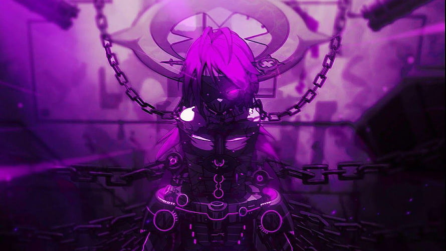 Purple Anime Character in Mechanical Armor with Chains and Glowing Eyes HD wallpaper