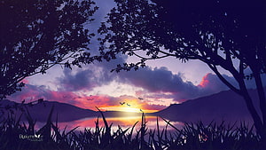 Serene Summer Sunset Over a Mountain Lake Framed by Silhouetted Trees and Grass HD wallpaper