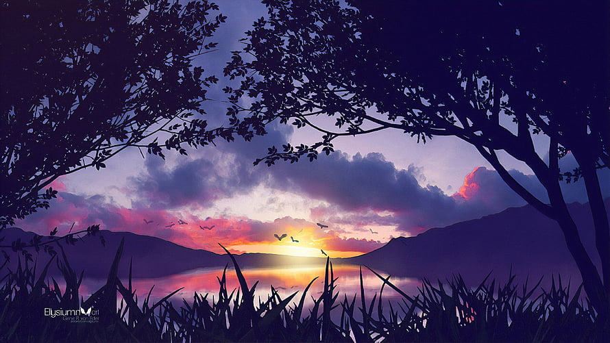 Serene Summer Sunset Over a Mountain Lake Framed by Silhouetted Trees and Grass HD wallpaper