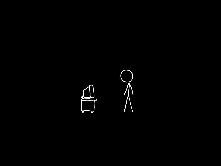 Minimalist white stick figure and desk illustration on a solid black background HD wallpaper