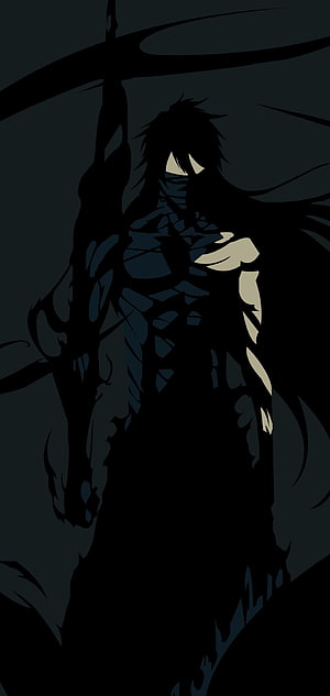 Bleach Anime Character Silhouette with Glowing Eyes and Dark Armor HD phone wallpaper