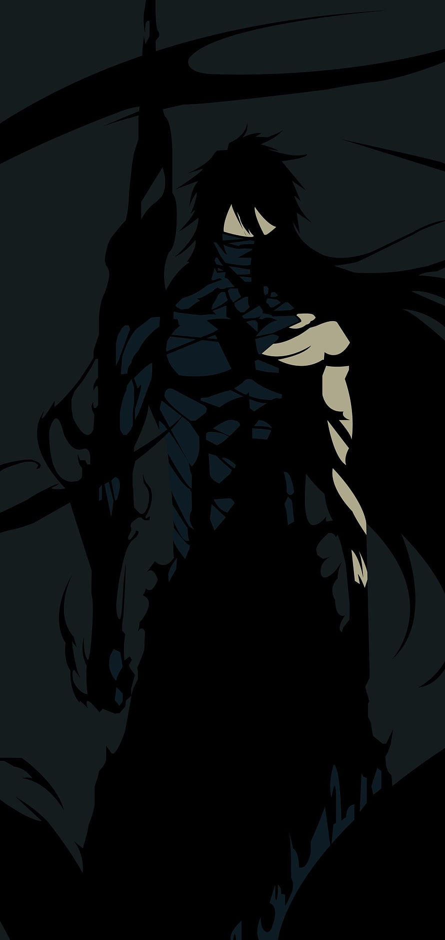 Bleach Anime Character Silhouette with Glowing Eyes and Dark Armor HD phone wallpaper