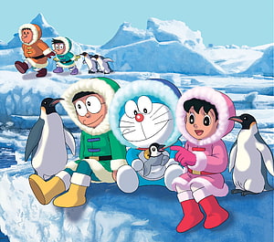 Doraemon, Nobita, and Shizuka in Winter Parkas with Penguins on an Antarctic Iceberg HD wallpaper