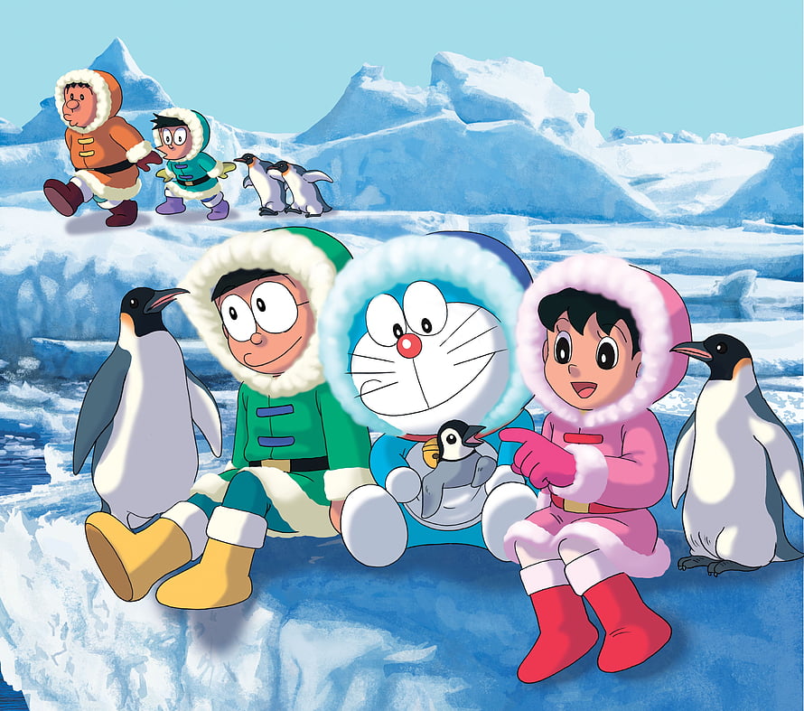 Doraemon, Nobita, and Shizuka in Winter Parkas with Penguins on an Antarctic Iceberg HD wallpaper
