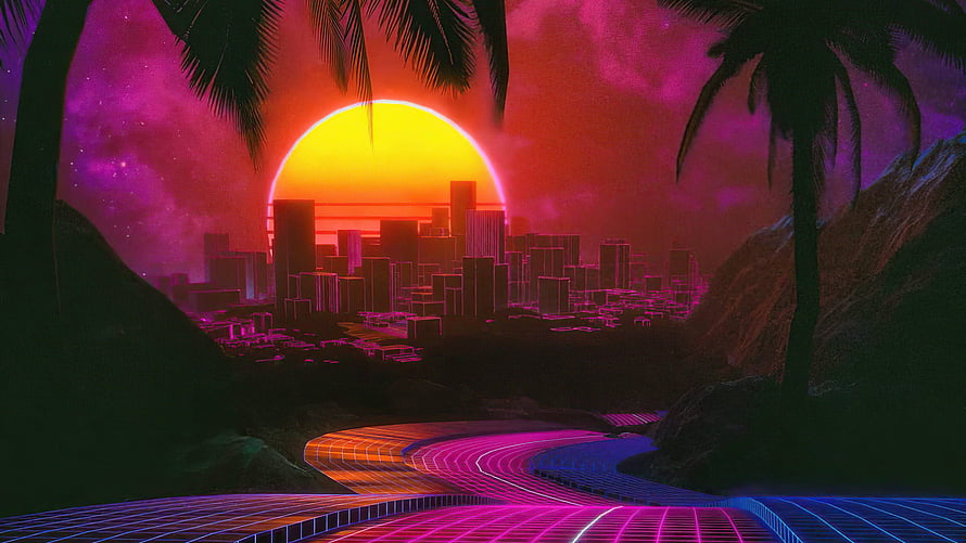 Retro Synthwave Sunset Over Neon Grid City with Palm Trees and Glowing Road HD wallpaper