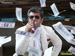 Mankatha Movie Still: Man in White Suit Smoking Cigar with Falling Cash, tamil movie mankatha, #Mankatha HD wallpaper