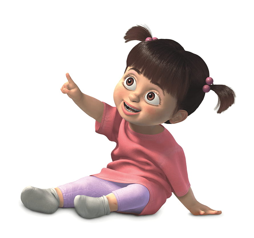Boo from Monsters Inc Sitting and Pointing in Pink Outfit HD wallpaper