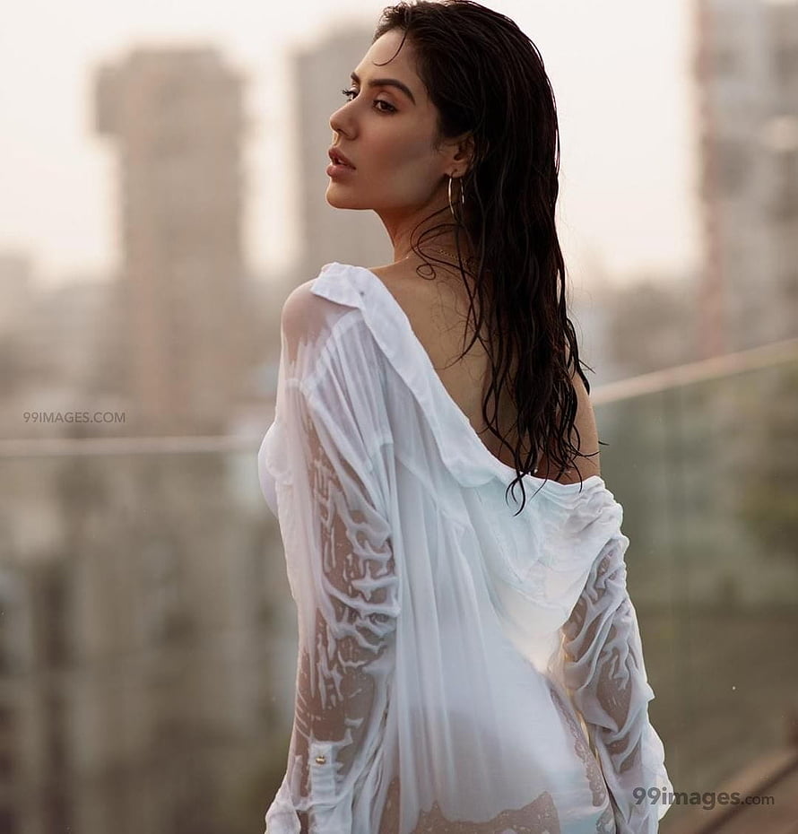 Sonam Bajwa in a sheer white blouse with wet hair against a blurred city skyline HD phone wallpaper