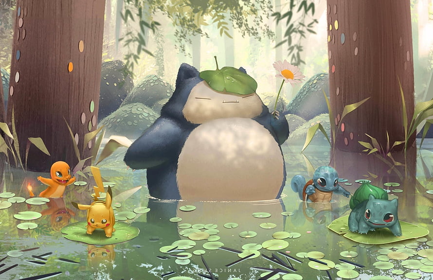 Snorlax and Pokemon Starters Relaxing in a Peaceful Forest Pond HD wallpaper
