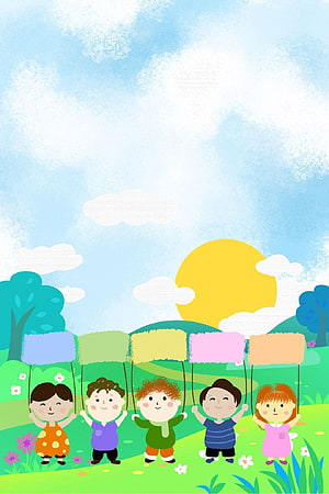 Cute Cartoon Children Playing on Colorful Swings in a Sunny Meadow HD phone wallpaper
