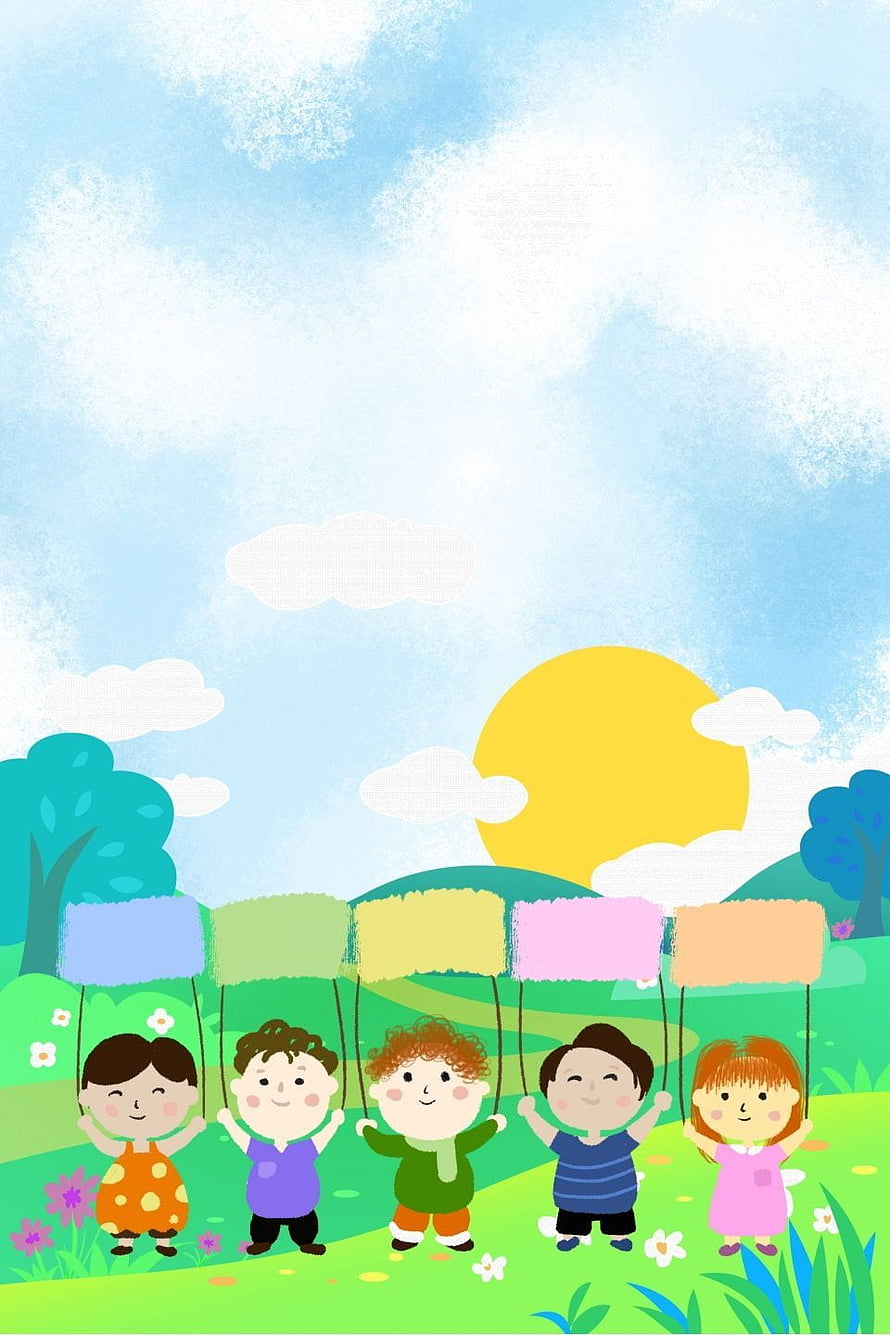 Cute Cartoon Children Playing on Colorful Swings in a Sunny Meadow HD phone wallpaper