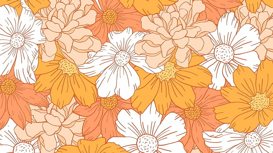 Warm Orange and White Floral Pattern with Daisies and Peonies in a Soft Aesthetic Style HD wallpaper