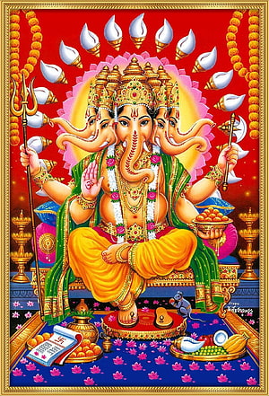 Five-headed Lord Ganesha Hindu Deity Art with Modak, Trishul, and Mouse HD phone wallpaper