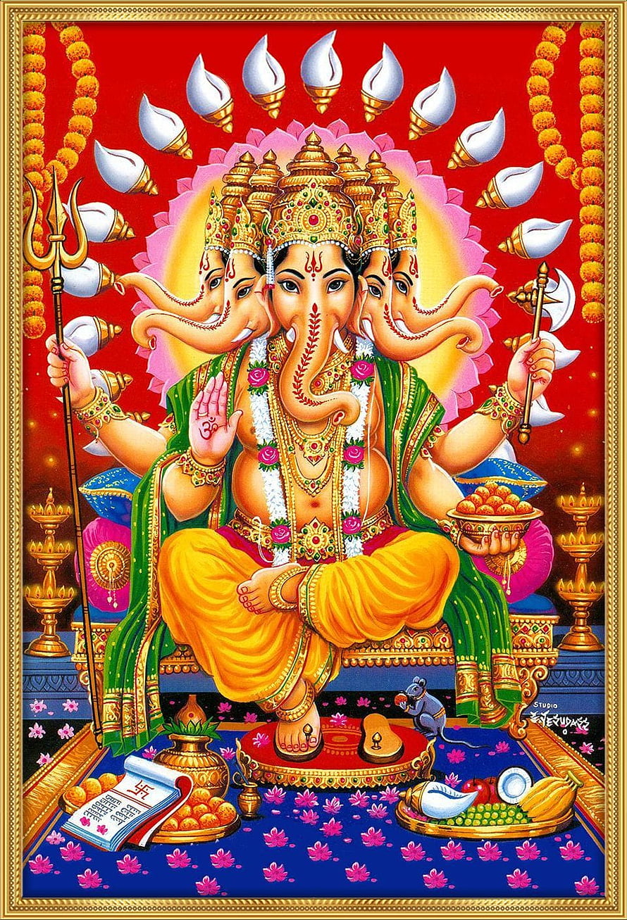 Five-headed Lord Ganesha Hindu Deity Art with Modak, Trishul, and Mouse HD phone wallpaper