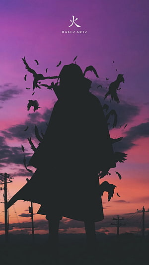 Itachi Uchiha Silhouette with Crows Against a Purple Sunset Sky HD phone wallpaper