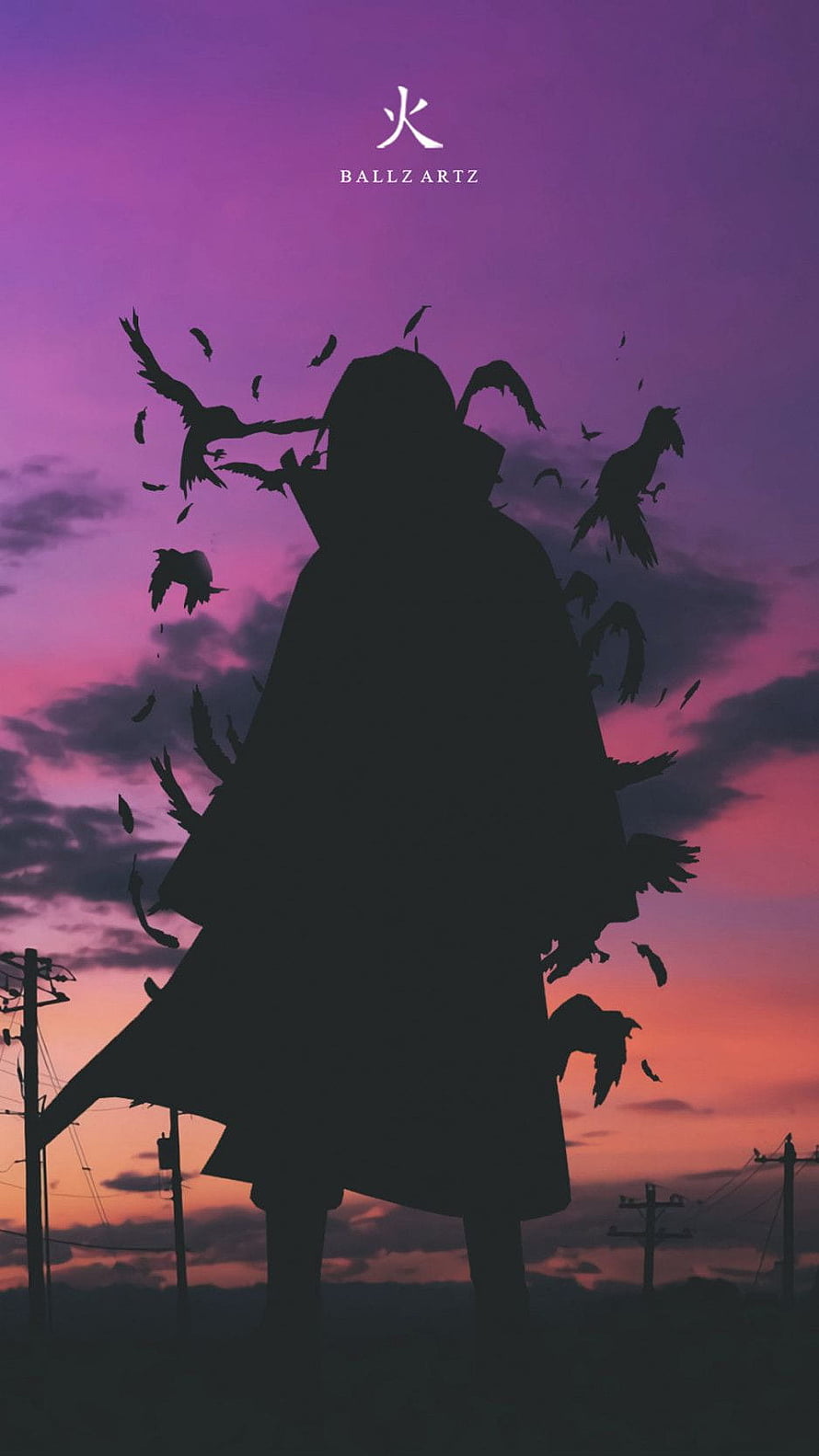 Itachi Uchiha Silhouette with Crows Against a Purple Sunset Sky HD phone wallpaper