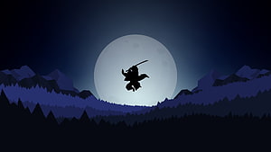Silhouette of a Samurai Warrior Jumping with Katana Against a Giant Full Moon and Mountain Landscape HD wallpaper