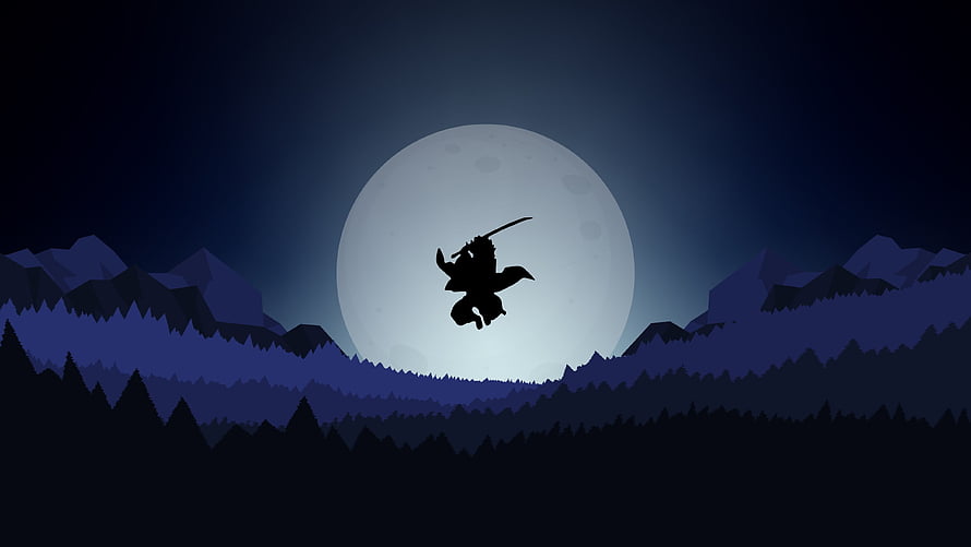 Silhouette of a Samurai Warrior Jumping with Katana Against a Giant Full Moon and Mountain Landscape HD wallpaper