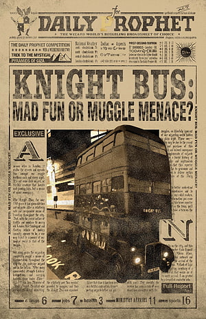 Harry Potter Daily Prophet Front Page Featuring Knight Bus Headline and Wizarding World News HD phone wallpaper