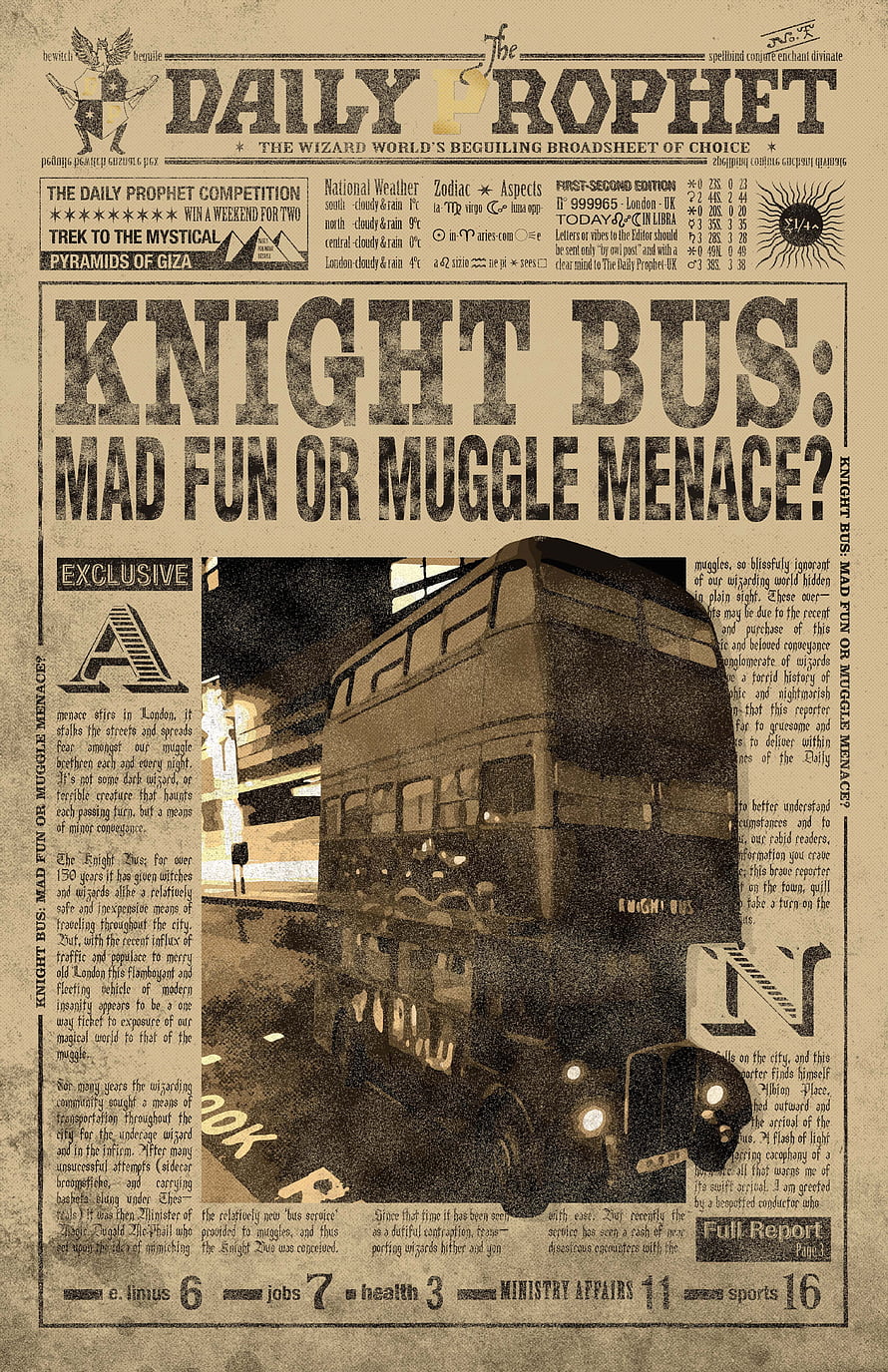 Harry Potter Daily Prophet Front Page Featuring Knight Bus Headline and Wizarding World News HD phone wallpaper