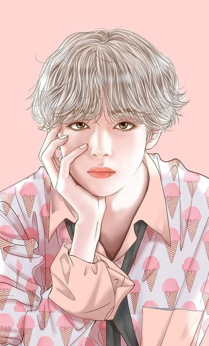 V from BTS anime-style portrait wearing a pink ice cream pattern shirt HD phone wallpaper