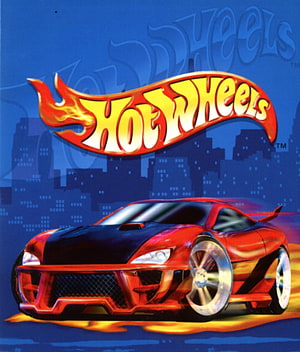 Hot Wheels Red Sports Car with Flame Logo Against Blue City Skyline HD phone wallpaper