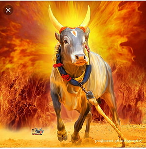 Majestic Nandi Bull Running Through Flames With Golden Horns And Sacred Markings HD phone wallpaper