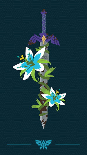 Master Sword Wrapped in Flowers and Vines on Dark Blue Background HD phone wallpaper