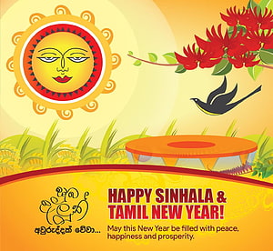 Sinhala and Tamil New Year Greeting Card with Sun, Flowers, and Bird Illustration HD wallpaper