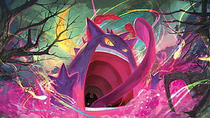 Gengar Roaring in a Vibrant Forest with Neon Energy Swirls and Dark Trees HD wallpaper