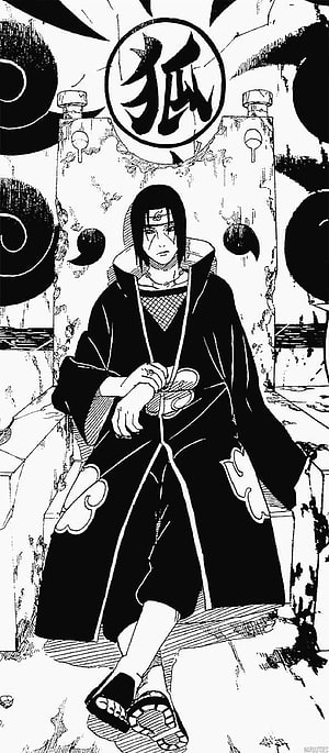 Itachi Uchiha Seated on Throne in Akatsuki Robe Black and White Manga Art HD phone wallpaper