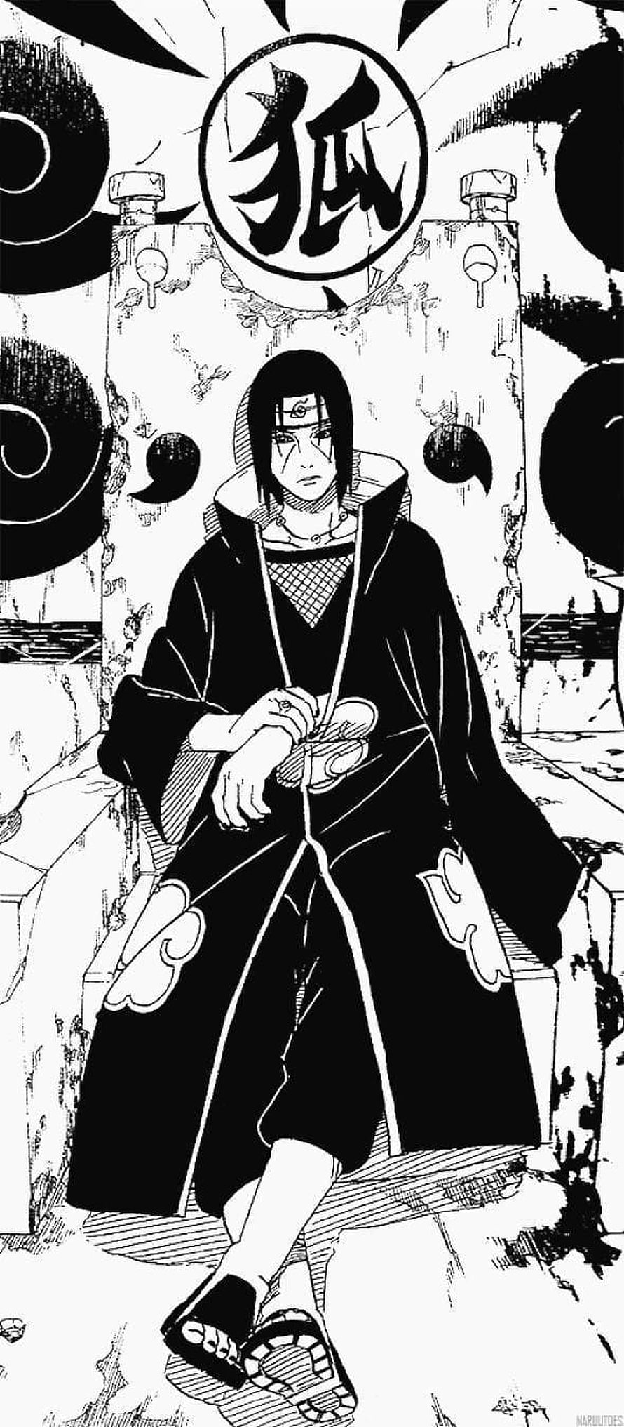 Itachi Uchiha Seated on Throne in Akatsuki Robe Black and White Manga Art HD phone wallpaper