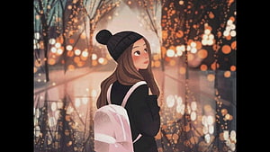 Cozy Winter Girl with Beanie and Backpack in Warmly Lit Forest HD wallpaper