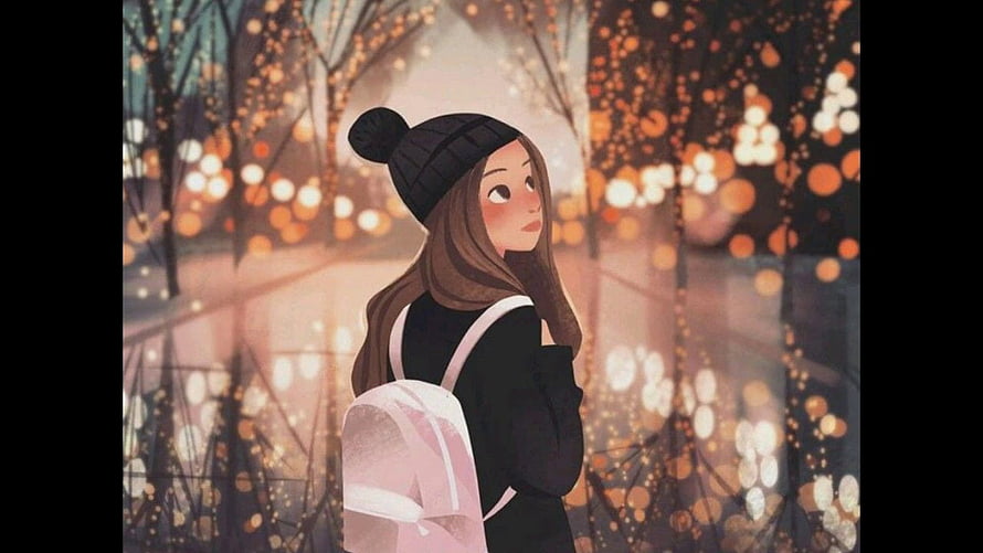 Cozy Winter Girl with Beanie and Backpack in Warmly Lit Forest HD wallpaper