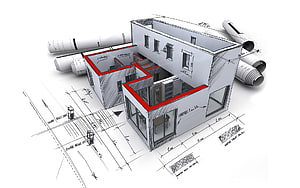 Architectural Blueprint and 3D House Model with Rolled Plans and Technical Annotations HD wallpaper