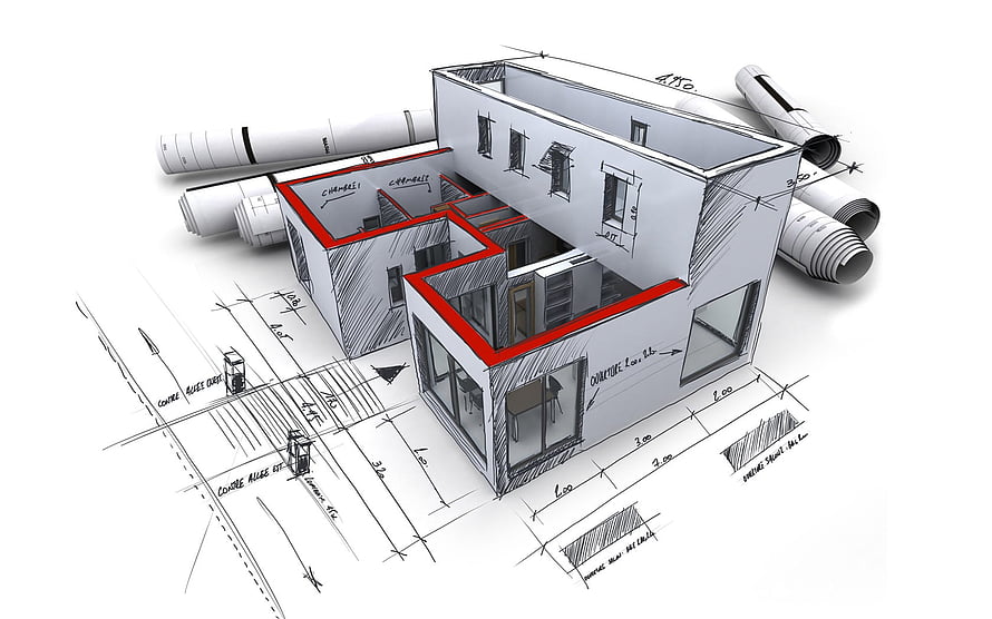 Architectural Blueprint and 3D House Model with Rolled Plans and Technical Annotations HD wallpaper