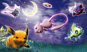 Mewtwo, Mew, Espeon, Umbreon, Pikachu, and Chikorita in a Dreamy Night Sky HD wallpaper