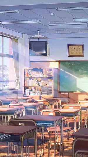Sunlit Anime Classroom Interior With Wooden Desks and Bookshelves HD phone wallpaper
