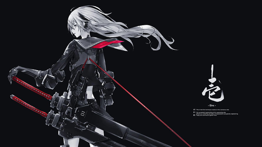 Anime Girl in Black Tactical Armor Wielding Dual Red Katana Swords HD wallpaper