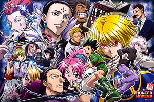 Hunter x Hunter Anime Ensemble Cast Poster with Chains and Cosmic Background HD wallpaper