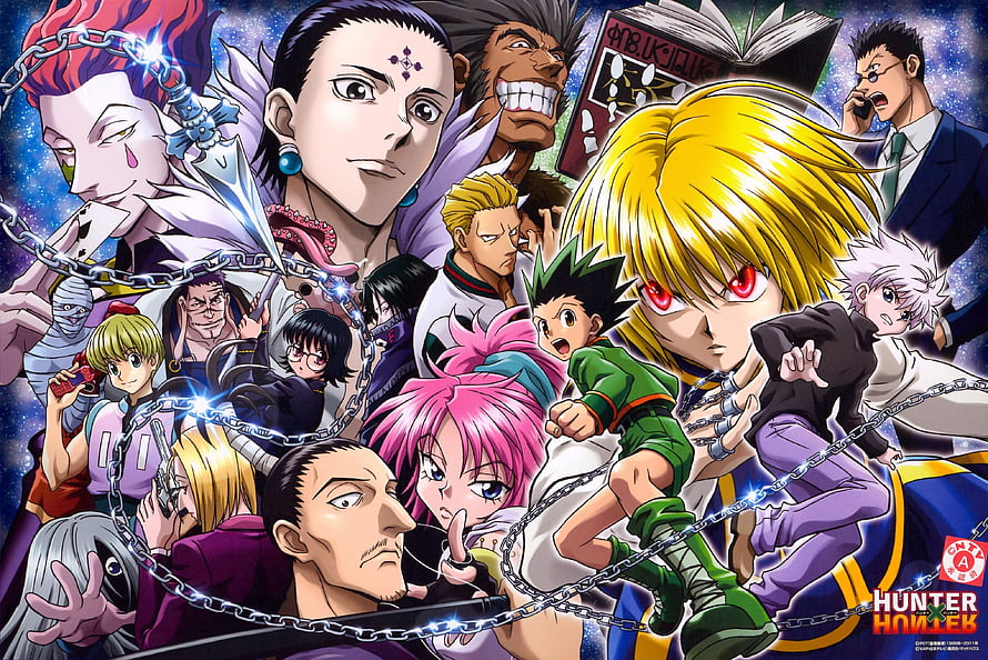 Hunter x Hunter Anime Ensemble Cast Poster with Chains and Cosmic Background HD wallpaper